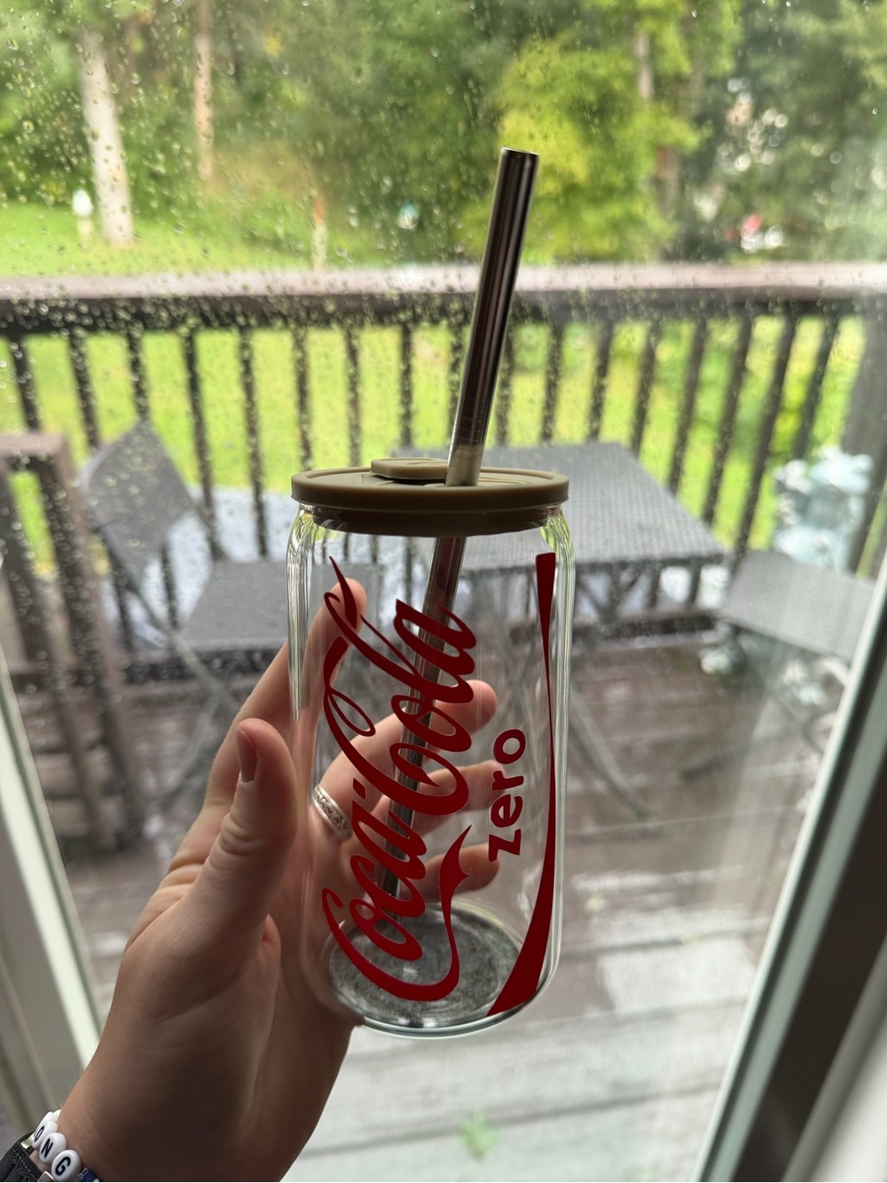 Coca Cola Clear Glass Tumbler with Red Logo and Beige Lid